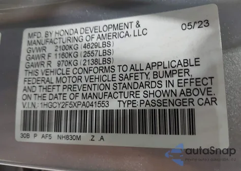 2023 Honda Accord Hybrid Sport from USA, damaged, VIN 1HGCY2F5XPA041553